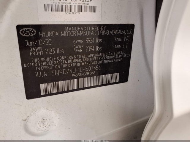 Продажа на аукционе авто 2020 Hyundai Elantra Se, vin: 5NPD74LF1LH603356, номер лота: 45661264