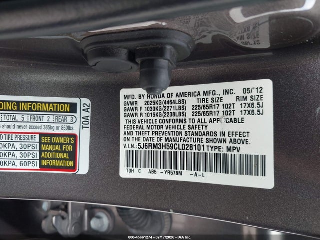 45661274 :رقم المزاد ، 5J6RM3H59CL028101 vin ، 2012 Honda Cr-v Ex مزاد بيع