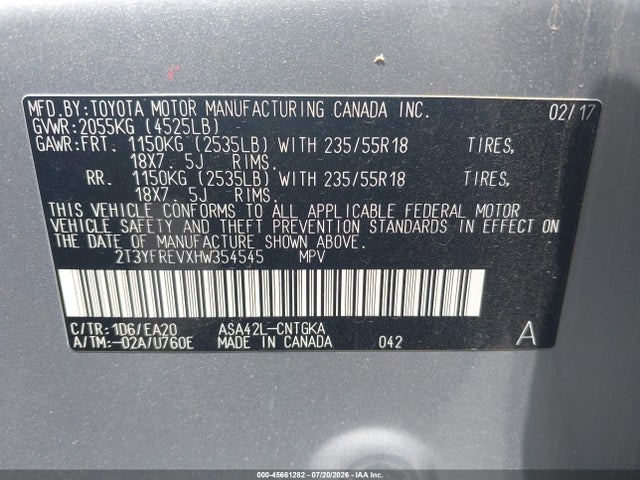 2T3YFREVXHW354545 Toyota Rav4 Platinum