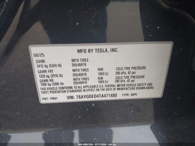 45661284 :رقم المزاد ، 7SAYGDED4TA471480 vin ، 2026 Tesla Model Y مزاد بيع