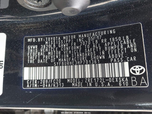 Toyota COROLLA SE 2017 5YFBURHE3HP701361 Image 9