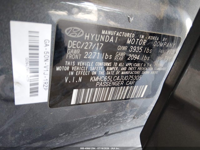 Aukcja sprzedaży 2018 Hyundai Ioniq Hybrid Blue, vin: KMHC65LC4JU075305, numer aukcji: 45661294