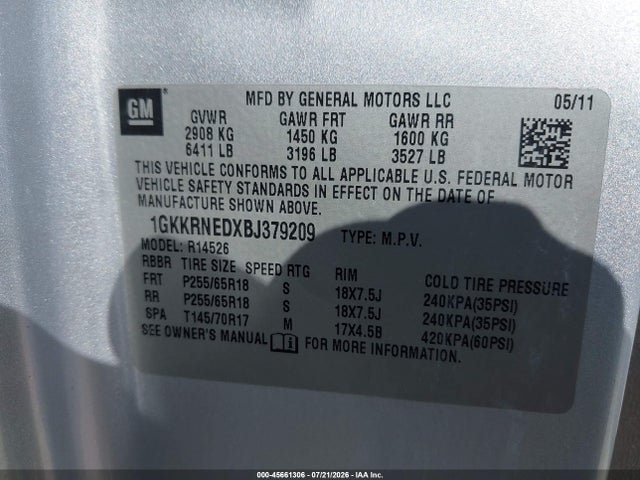 Продаж на аукціоні авто 2011 Gmc Acadia Sl, vin: 1GKKRNEDXBJ379209, номер лоту: 45661306