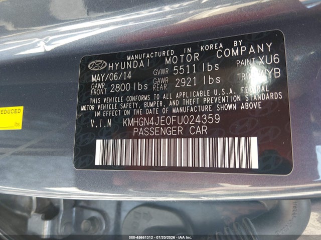 2015 Hyundai Genesis 3.8 მანქანა იყიდება აუქციონზე, vin: KMHGN4JE0FU024359, აუქციონის ნომერი: 45661312