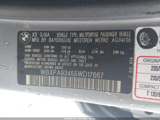 45661318 :رقم المزاد ، WBXPA93455WD17667 vin ، 2005 Bmw X3 3.0i مزاد بيع