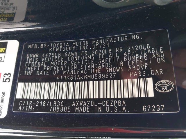 4T1K61AK6MU589627 Toyota CAMRY XSE