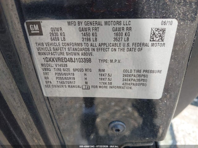 45661343 :رقم المزاد ، 1GKKVRED4BJ103398 vin ، 2011 Gmc Acadia Slt-1 مزاد بيع