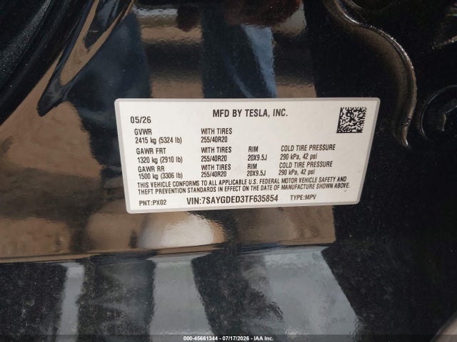 2026 Tesla Model Y Premium Rear-wheel Drive/rear-wheel Drive მანქანა იყიდება აუქციონზე, vin: 7SAYGDED3TF635854, აუქციონის ნომერი: 45661344