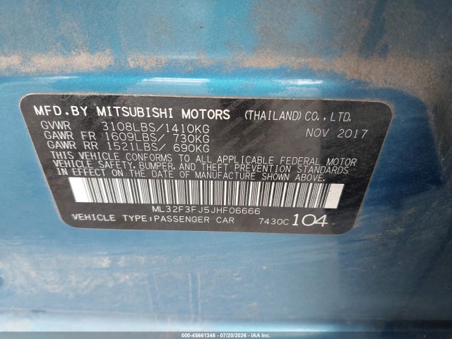 Продажа на аукционе авто 2018 Mitsubishi Mirage G4 Es, vin: ML32F3FJ5JHF06666, номер лота: 45661346