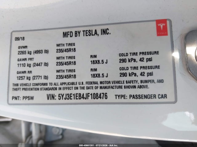 Продажа на аукционе авто 2018 Tesla Model 3 Long Range/performance, vin: 5YJ3E1EB4JF108476, номер лота: 45661351