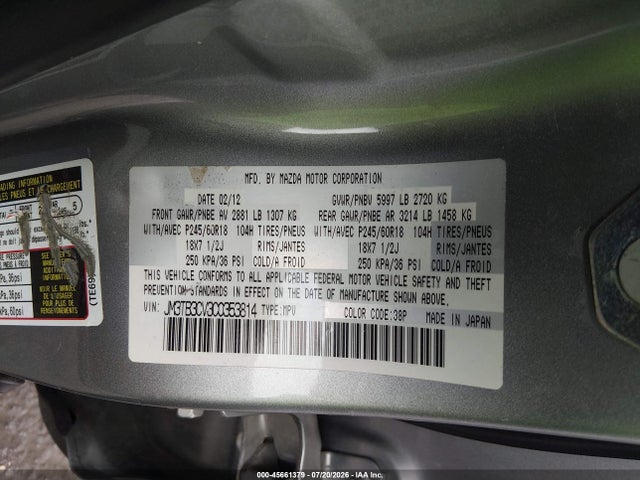 Aukcja sprzedaży 2012 Mazda Cx-9 Touring, vin: JM3TB3CV3C0353814, numer aukcji: 45661379
