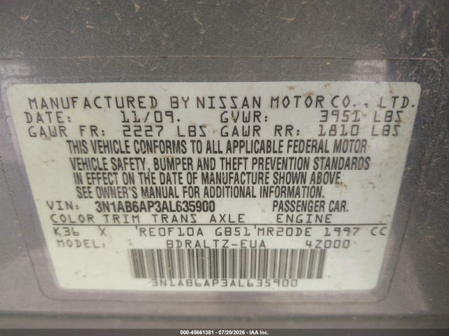 Продаж на аукціоні авто 2010 Nissan Sentra 2.0s, vin: 3N1AB6AP3AL635900, номер лоту: 45661381
