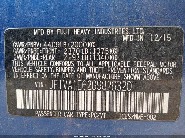 45661385 :رقم المزاد ، JF1VA1E62G9826320 vin ، 2016 Subaru Wrx Premium مزاد بيع