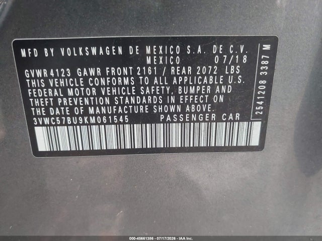 Продаж на аукціоні авто 2019 Volkswagen Jetta 1.4t R-line/1.4t S/1.4t Se, vin: 3VWC57BU9KM061545, номер лоту: 45661386