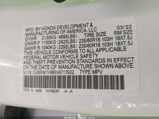 Aukcja sprzedaży 2022 Honda Cr-v 2wd Ex-l, vin: 5J6RW1H88NA013922, numer aukcji: 45661389