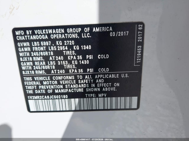 Продажа на аукционе авто 2018 Volkswagen Atlas 3.6l V6 Sel, vin: 1V2MR2CA8JC502180, номер лота: 45661417