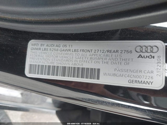 Aukcja sprzedaży 2012 Audi A6 3.0 Premium, vin: WAUBGAFC4CN007226, numer aukcji: 45661426