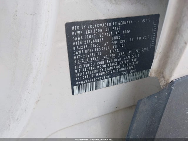 Продажа на аукционе авто 2012 Volkswagen Tiguan Le, vin: WVGAV7AX5CW588209, номер лота: 45661441