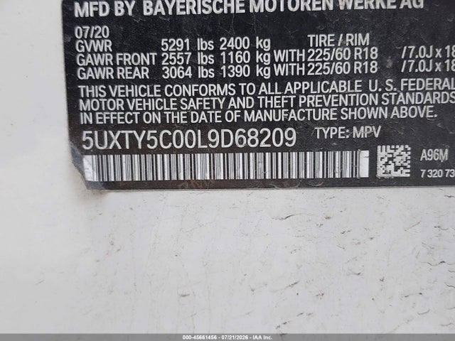 45661456 :رقم المزاد ، 5UXTY5C00L9D68209 vin ، 2020 Bmw X3 Xdrive30i مزاد بيع