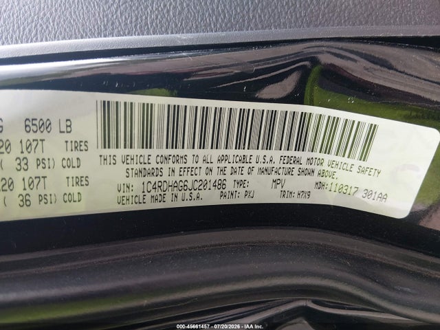 45661457 :رقم المزاد ، 1C4RDHAG6JC201486 vin ، 2018 Dodge Durango Sxt Rwd مزاد بيع