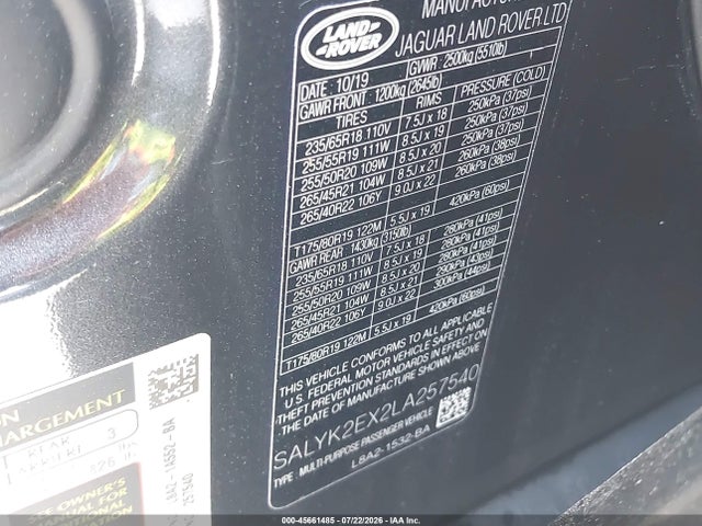 Продажа на аукционе авто 2020 Land Rover Range Rover Velar P250 R-dynamic S, vin: SALYK2EX2LA257540, номер лота: 45661485