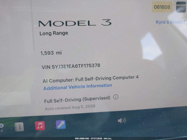 2026 Tesla Model 3 Premium Rear-wheel Drive/rear-wheel Drive მანქანა იყიდება აუქციონზე, vin: 5YJ3E1EA6TF175378, აუქციონის ნომერი: 45661492