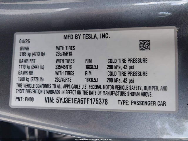 2026 Tesla Model 3 Premium Rear-wheel Drive/rear-wheel Drive მანქანა იყიდება აუქციონზე, vin: 5YJ3E1EA6TF175378, აუქციონის ნომერი: 45661492