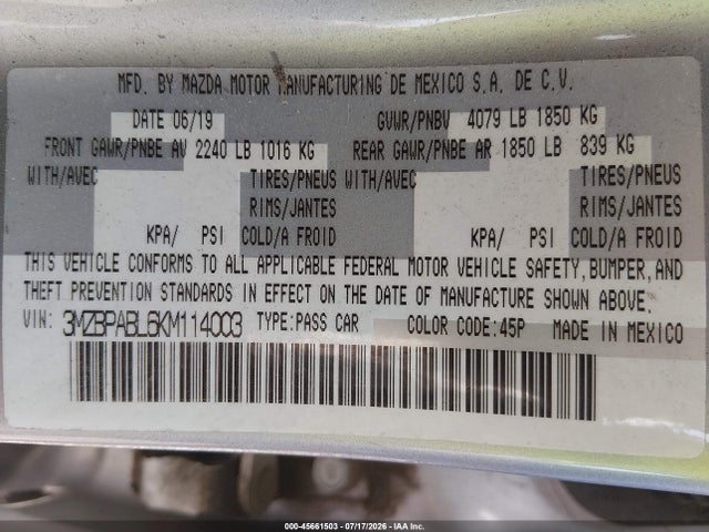 3MZBPABL6KM114003 Mazda MAZDA3