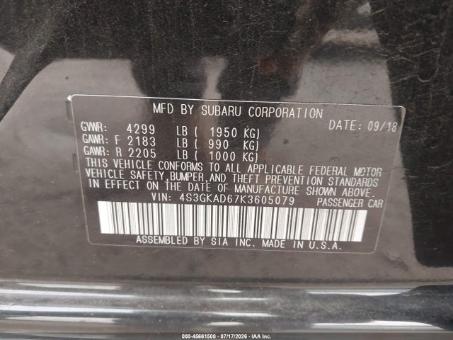 45661508 :رقم المزاد ، 4S3GKAD67K3605079 vin ، 2019 Subaru Impreza 2.0i Premium مزاد بيع