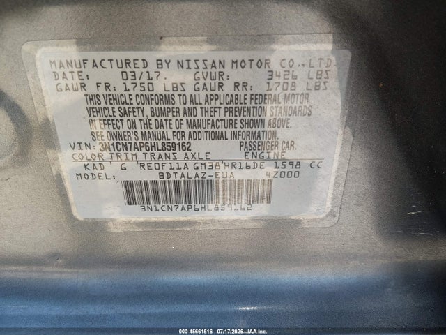 Auction sale of the 2017 Nissan Versa 1.6 S+, vin: 3N1CN7AP6HL859162, lot number: 45661516
