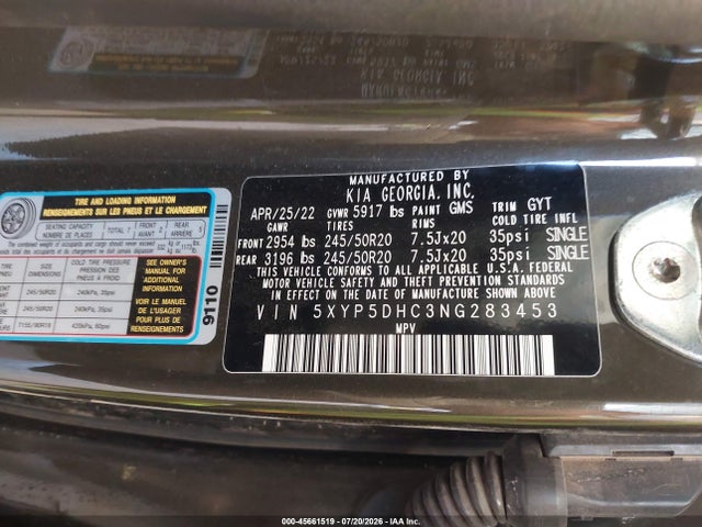 Aukcja sprzedaży 2022 Kia Telluride Sx, vin: 5XYP5DHC3NG283453, numer aukcji: 45661519