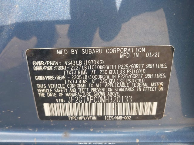 Aukcja sprzedaży 2021 Subaru Crosstrek Premium, vin: JF2GTAPC0MH320133, numer aukcji: 45661521