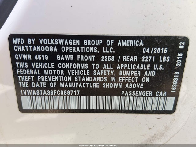 Aukcja sprzedaży 2015 Volkswagen Passat 1.8t Limited Edition, vin: 1VWAS7A39FC089717, numer aukcji: 45661528