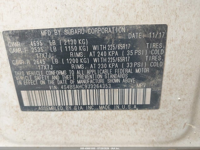 Subaru Outback 2.5i Premium 2018 4S4BSAHC9J3264353 Image 9