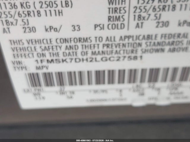 Ford EXPLORER XLT 2020 1FMSK7DH2LGC27581 Image 9