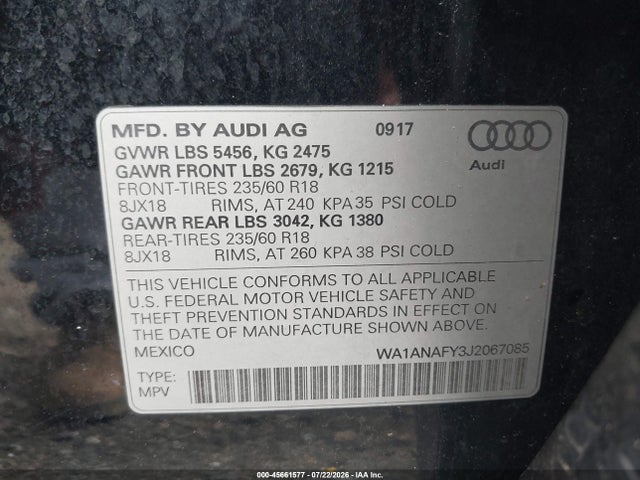 Продаж на аукціоні авто 2018 Audi Q5 2.0t Premium/2.0t Tech Premium, vin: WA1ANAFY3J2067085, номер лоту: 45661577
