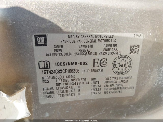 Aukcja sprzedaży 2012 Gmc Sierra 3500hd Slt/srw Slt, vin: 1GT424C8XCF166306, numer aukcji: 45661597