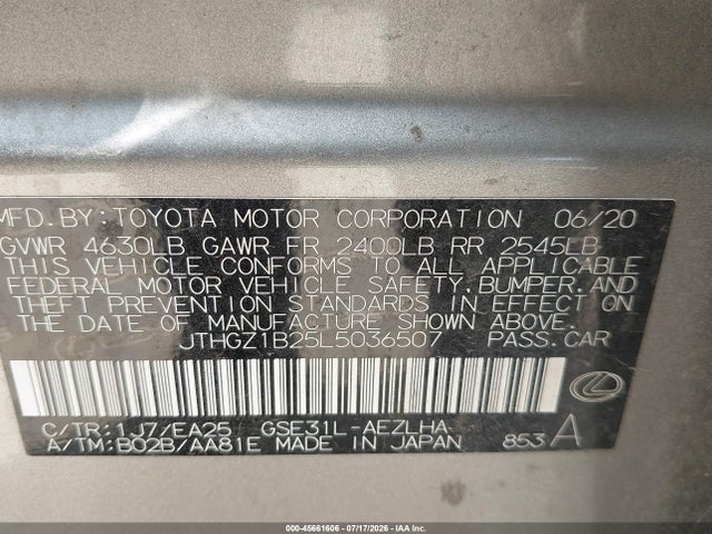 Aukcja sprzedaży 2020 Lexus Is 350, vin: JTHGZ1B25L5036507, numer aukcji: 45661606