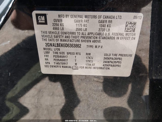 45661618 :رقم المزاد ، 2GNALBEK6D6363862 vin ، 2013 Chevrolet Equinox Ls مزاد بيع