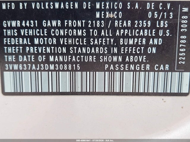 2013 Volkswagen Jetta Hybrid Se მანქანა იყიდება აუქციონზე, vin: 3VW637AJ3DM308815, აუქციონის ნომერი: 45661641