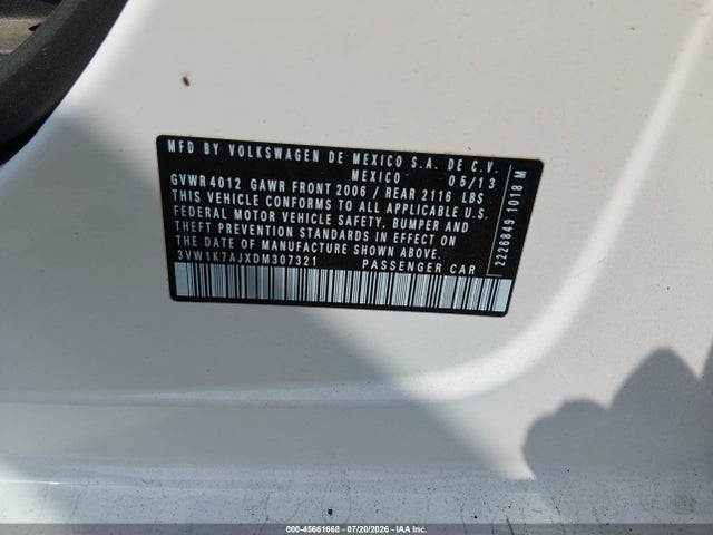 2013 Volkswagen Jetta 2.0l S მანქანა იყიდება აუქციონზე, vin: 3VW1K7AJXDM307321, აუქციონის ნომერი: 45661668