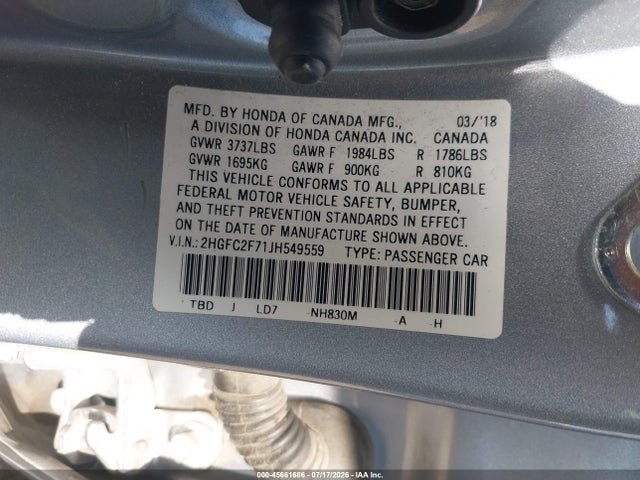 Honda CIVIC EX 2018 2HGFC2F71JH549559 Image 9