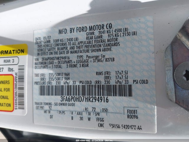 Aukcja sprzedaży 2017 Ford Fusion Se, vin: 3FA6P0HD7HR294916, numer aukcji: 45661692