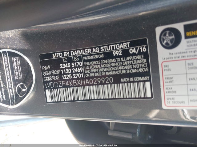 Aukcja sprzedaży 2017 Mercedes-benz E 300 4matic, vin: WDDZF4KBXHA029920, numer aukcji: 45661699