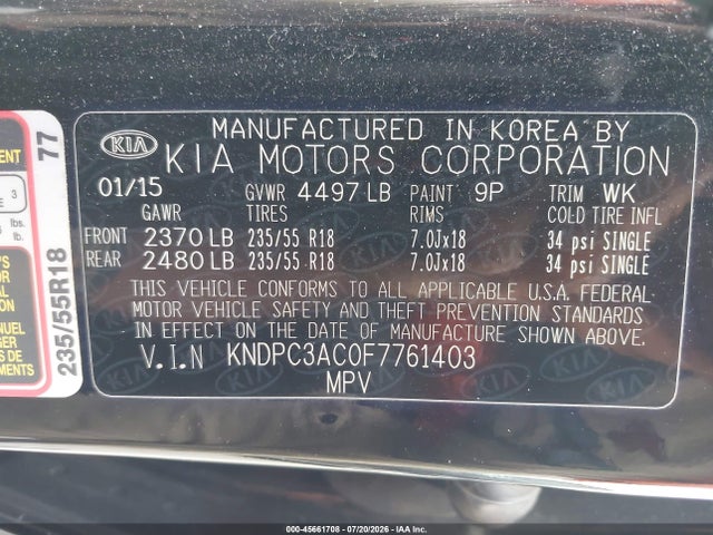 Aukcja sprzedaży 2015 Kia Sportage Ex, vin: KNDPC3AC0F7761403, numer aukcji: 45661708