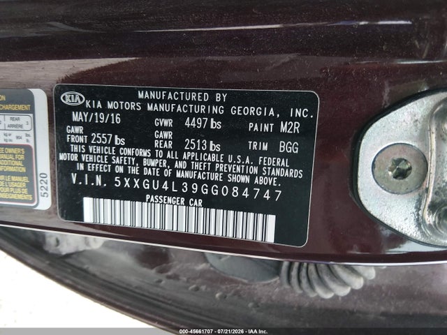 Auction sale of the 2016 Kia Optima Ex, vin: 5XXGU4L39GG084747, lot number: 45661707