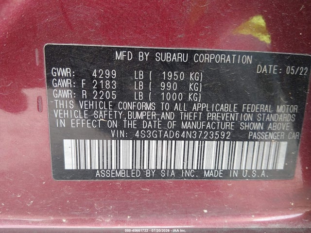 Продажа на аукционе авто 2022 Subaru Impreza Premium 5-door, vin: 4S3GTAD64N3723592, номер лота: 45661722