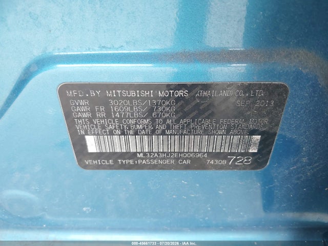 Aukcja sprzedaży 2014 Mitsubishi Mirage De, vin: ML32A3HJ2EH006964, numer aukcji: 45661733