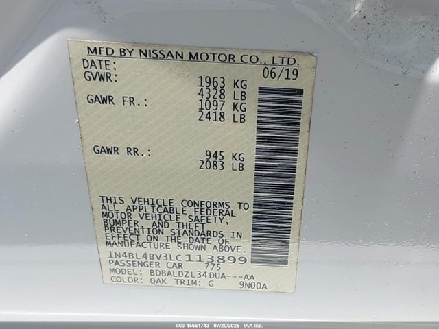 Продажа на аукционе авто 2020 Nissan Altima S Fwd, vin: 1N4BL4BV3LC113899, номер лота: 45661743