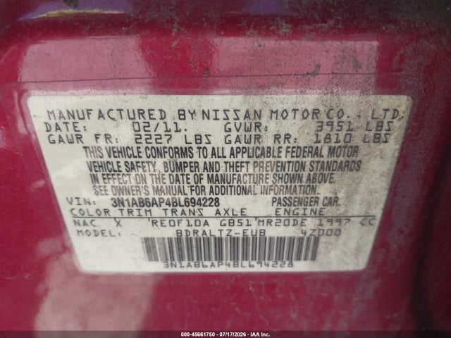 2011 Nissan Sentra 2.0s მანქანა იყიდება აუქციონზე, vin: 3N1AB6AP4BL694228, აუქციონის ნომერი: 45661750